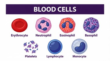 İnsan vücudunda bulunan farklı kan hücrelerini gösteren kapsamlı bir diyagram, her biri eğitim ve tıbbi amaçlar için özel isimle etiketlenmiş..