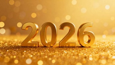 2026 sayısının parlak altın renkli yakın plan çekimi, parlak ve müreffeh bir Yeni Yıl 'ı sembolize eden, ışıldayan altın arkaplanlı bir fonda..