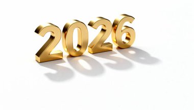 2026 yılının çarpıcı görüntüsü, parlak altın rakamlarla gösterilmiş, el değmemiş beyaz bir yüzeye farklı gölgeler çizilmiş, gelecek olayları ve yeni başlangıçları sembolize ediyor..