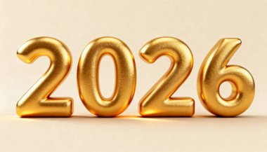 2026 yılının yakın plan görüntüsü parlak, metalik altın rakamlarla gösterilmiş, yumuşak, açık renkli bir arkaplanda belirgin bir şekilde duran, gelecek yılı sembolize eden.