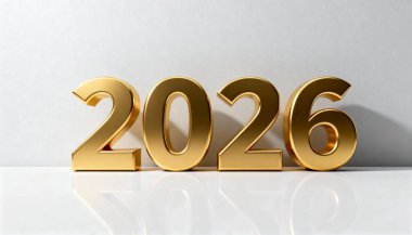 2026 yılının yakın plan çekimi, parlak üç boyutlu rakamlarla yapılmış, temiz, yansıtıcı beyaz bir arka plana karşı belirgin bir şekilde duruyor. Rakamların zarif metalik bitişi minimalist ayarı ile çarpıcı bir kontrast yaratır,