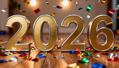 Renkli, dağınık konfetilerle çevrili sıcak ahşap bir zeminde 2026 'yı heceleyen büyük, parlak altın rakamların yer aldığı şenlikli bir görüntü, Yeni Yıl kutlamaları ve gelecek temalı tasarımlar için mükemmel..