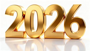 2026 yılının çarpıcı 3D tasviri, parlak altın rakamlarla, yansıtıcı beyaz bir yüzeye mükemmel bir şekilde hizalanmış, gelecek için bir lüks ve beklenti hissi yaratıyor..