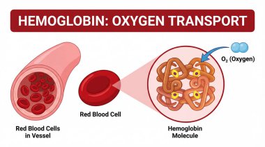 Alyuvar içindeki oksijenin kan damarlarından bireysel hemoglobin moleküllerine taşınmasını gösteren ayrıntılı diyagram..