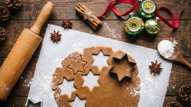 Yıldız şekilli kesicilerle hazırlanmış, çam kozalakları, tarçın çubukları ve köylü ahşap bir masa üzerindeki Noel süsleri gibi bayram dekorasyonlarıyla çevrelenmiş bir zencefilli kurabiye hamuru resmi..