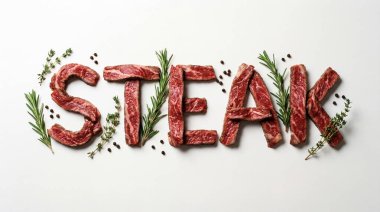 Temiz beyaz arka planda taze biberiye, kekik ve siyah biberiye ile süslenmiş çiğ biftek parçalarıyla hecelenen BTMK sözcüğünün genel görünümü, mutfak hazırlığını vurguluyor.