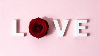 Aşk kelimesinin beyaz harflerle telaffuz edildiği güzel düz bir kompozisyon. O harfinin yerini pembe yumuşak bir arka plana dizilmiş, romantizmi ve sevgiyi sembolize eden canlı kırmızı bir gül alıyor..