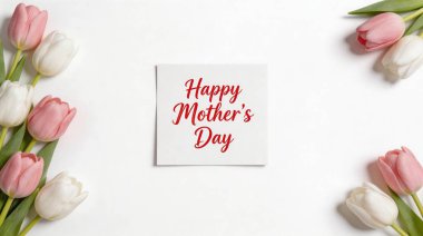 Yürekten bir Mutlu Anneler Günü kartı el değmemiş beyaz bir yüzeye yerleştirilir. Zarif çerçevelenmiş pembe ve beyaz laleler birbirine zıt köşelerde durgun ve sevgi dolu bir haraç oluşturur..