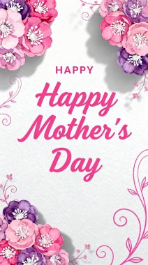 Canlı bir Anneler Günü tebrik kartı. Üzerinde güzel işlenmiş pembe ve mor kağıt çiçekler var. Anneleri kutlamak için mükemmel..