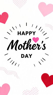 Yürekten bir Mutlu Anneler Günü tebrik kartı. Zarif bir tipografi içeriyor. Etrafı çizgilerle çevrili ve temiz beyaz arka planda dağınık pembe ve kırmızı kalplerle süslenmiş..