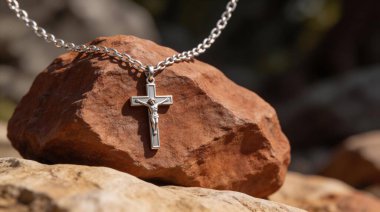 Üzerinde İsa 'nın detaylı bir figürü bulunan gümüş bir haç kolyesinin yakın plan fotoğrafı. Açık havada dokulu kırmızı bir kaya üzerinde dinleniyor. İnancı ve ruhaniliği sembolize ediyor..