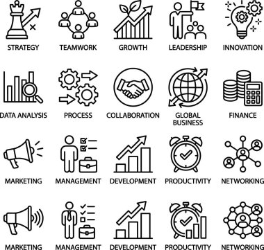 Strateji, takım çalışması, büyüme, liderlik, yenilik, veri analizi, süreç, işbirliği, küresel ticaret, finans, pazarlama, kalkınma, produ dahil olmak üzere iş ve yönetimin çeşitli yönlerini temsil eden kapsamlı bir taslak simgeleri kümesi
