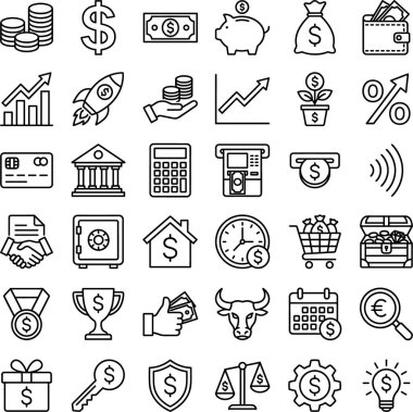 Para, bankacılık, yatırım ve ekonomik kavramların sembollerinin yer aldığı, web ve mobil uygulamalar için mükemmel, finansal ve işle ilgili simgelerin kapsamlı bir koleksiyonu.