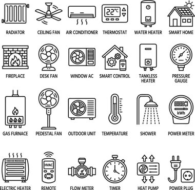Çeşitli ısıtma, havalandırma, havalandırma ve akıllı ev aletlerini temsil eden kapsamlı bir taslak simgesi seti. Modern ev konfor sistemlerini göstermek için mükemmel..