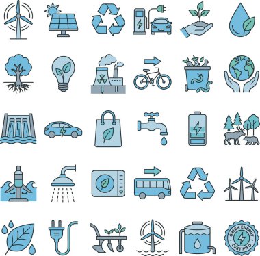 Rüzgâr türbinleri, güneş panelleri, elektrikli arabalar, geri dönüşüm ve sürdürülebilir canlı elementler gibi sembollerin yer aldığı, çevre dostu ve yenilenebilir enerji simgelerinin kapsamlı bir koleksiyonu..