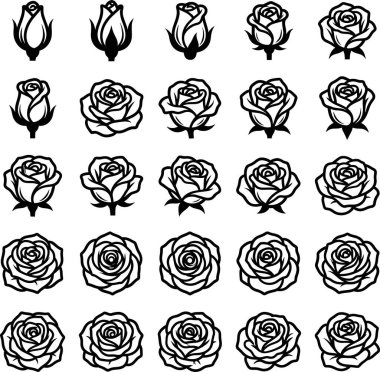 Kapsamlı bir siyah-beyaz vektör çizimi, sıkıca kapalı bir tomurcuktan botanik tasarımları için mükemmel, tamamen açmış bir çiçeğe kadar, bir gülün çeşitli aşamalarını gösteriyor..