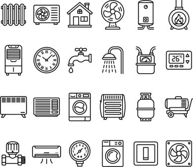 Çeşitli ısıtma, soğutma ve ev aletlerini temsil eden kapsamlı bir çizgi ikonu koleksiyonu, ev sistemlerini ve enerji tüketimini göstermek için mükemmel.