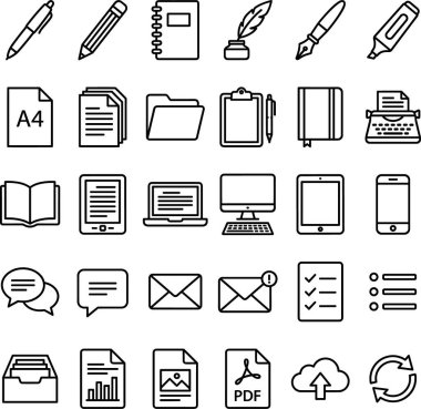 Çeşitli ofis malzemelerini, iş araçlarını, iletişim yöntemlerini ve dijital cihazları temsil eden kapsamlı bir taslak simgesi seti, web ve yazdırma tasarımı için ideal.