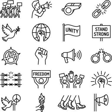 Protesto, devrim, özgürlük ve sosyal adaletin çeşitli yönlerini temsil eden çizgi simgelerinden oluşan bir derleme. Megafon, kırık zincir, güvercin, yumruk ve birlik bayrağı gibi semboller de dahil..