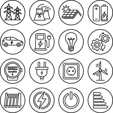 Enerji üretimi, tüketimi ve ilgili teknolojilerin farklı yönlerini gösteren, bilgi ve web tasarımı için mükemmel 16 siyah ve beyaz ana hatlı ikondan oluşan kapsamlı bir koleksiyon.
