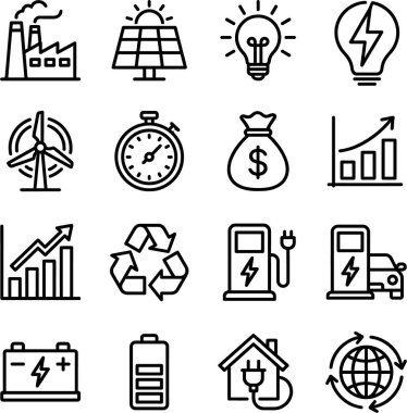 Endüstriyel, yenilenebilir ve tüketim elementleri de dahil olmak üzere enerji, güç ve sürdürülebilir kalkınmanın çeşitli yönlerini temsil eden kapsamlı bir çizgi simgeleri kümesi.