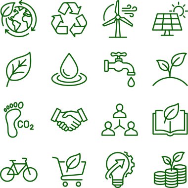 Ekolojinin çeşitli yönlerini, sürdürülebilirliği ve çevresel korunmayı temsil eden kapsamlı bir taslak simgesi seti, yeşil girişimler için mükemmel.