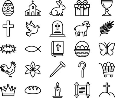 Yumurtalar, haçlar, kiliseler, tavşanlar, hediyeler, kadehler, güvercinler, mezarlar, kuzular, palmiye yaprakları, dikenler, balıklar, İncil 'ler, sepetler, kelebekler, horozlar dahil olmak üzere çeşitli dini simgeleri temsil eden bir taslak ikon koleksiyonu.,