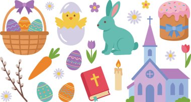 Bir sepet renkli yumurta, yumurta kabuklu şirin bir piliç, neşeli bir tavşan, geleneksel bir kilise, Paskalya pastası, havuç, söğüt dalları, laleler, İncil ve mum içeren hoş bir Paskalya çizimi koleksiyonu.