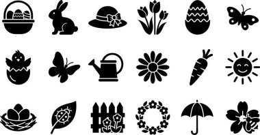 Baharı, Paskalya yumurtalarını, çiçekleri, civcivi, sulama kutusu, güneş, havuç, kuş yuvası, uğur böceği, çit, çelenk, şemsiye ve çiçek içeren siyah siluet simgelerinden oluşan bir koleksiyon..