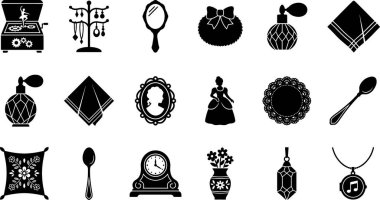 Mücevher, parfüm şişeleri, aynalar ve dekoratif ev eşyaları da dahil olmak üzere çeşitli klasik ve zarif aksesuarların yer aldığı siyah siluet simgelerinden oluşan bir koleksiyon..