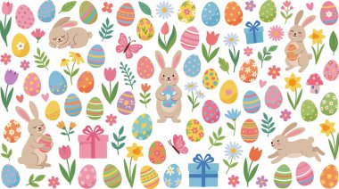 Paskalya temalı canlı bir koleksiyon. Sevimli tavşanlar, güzel dekore edilmiş yumurtalar, çiçek açan bahar çiçekleri, kelebekler ve hediye kutuları. Tatil tasarımları için mükemmel..