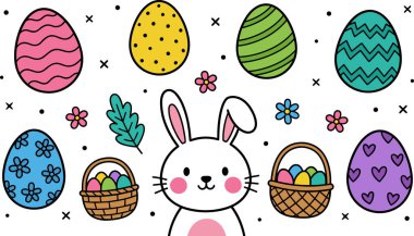 Canlı dekore edilmiş yumurtalarla çevrili mutlu bir Paskalya tavşanı yumurtalarla dolu küçük sepetler ve bayram tasarımları için mükemmel narin çiçeklerle süslü büyüleyici bir karalama..