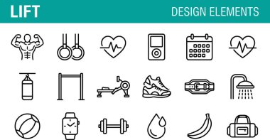 Çeşitli fitness aktivitelerini, spor aletlerini ve sağlıklı yaşam tarzını temsil eden kapsamlı bir çizgi ikonu koleksiyonu, tasarım projeleri için mükemmel..