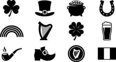 Aziz Patrick Günü 'yle ilişkili çeşitli sembolleri temsil eden siyah ve beyaz vektör simgelerinden oluşan bir derleme. Yonca, leprikon şapka, bir tencere altın, bir at nalı, bir gökkuşağı, bir arp, dört yapraklı yonca, bir bira, bir pipo, bir de le.
