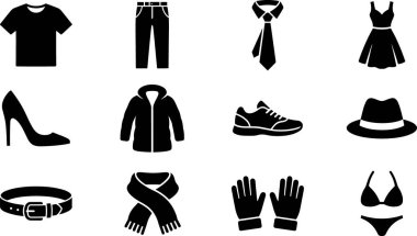 Tişört, kot pantolon, kravat, elbise, yüksek topuk, ceket, spor ayakkabı, şapka, kemer, atkı, eldiven ve bikini gibi farklı giyim ve aksesuarları temsil eden siyah siluet simgeleri..