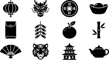 Çeşitli geleneksel Çin Yeni Yılı kutlama unsurlarını ve kültürel sembolleri temsil eden siyah siluet simgelerinden oluşan bir koleksiyon..