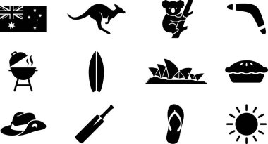 Avustralya kültürünün, seyahatinin ve yaşam tarzının çeşitli yönlerini temsil eden siyah siluet simgelerinden oluşan bir koleksiyon. Bayrak, hayvanlar, simgeler ve eğlence amaçlı eşyalar da dahil..