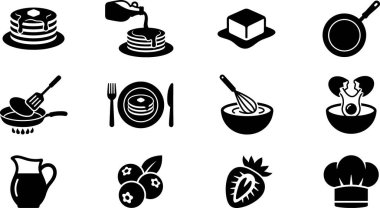 Krep, şurup, tereyağı, kızartma tavası, çırpma kabı, karıştırma kabı, süt, yabanmersini, çilek ve aşçı şapkası da dahil olmak üzere krep yapmakla ilgili siyah beyaz ikonlar koleksiyonu..