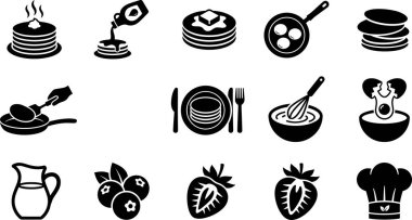 Krep kahvaltısının çeşitli unsurlarını temsil eden siyah ve beyaz simgelerden oluşan bir koleksiyon, krep yığınları, şurup, böğürtlen, yemek pişirme aletleri ve bir aşçı şapkası..