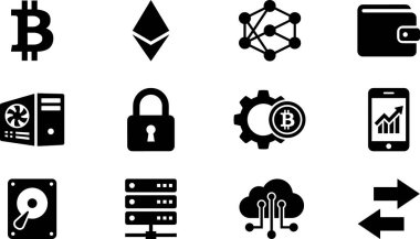 Bitcoin, Ethereum, ağ, cüzdan, maden teçhizatı, asma kilit, ayarlar, akıllı telefon, sabit disk, sunucu, bulut bileşimi dahil olmak üzere çeşitli kripto para, engelleme teknolojisi ve dijital finansı temsil eden siyah siluet simgelerinin bir koleksiyonu