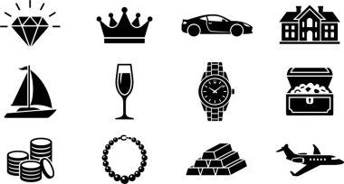 Elmas, taç, spor araba, malikane, yat, şampanya bardağı, saat, hazine sandığı, inci kolye, altın külçe ve altın külçeler de dahil olmak üzere çeşitli lüks, zenginlik ve lüks yaşam sembollerini temsil eden siyah siluet simgelerinden oluşan bir koleksiyon.