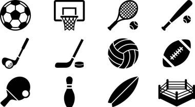 Toplar, raketler, yarasalar ve diğer vitesler de dahil olmak üzere farklı spor ve ekipmanlarını temsil eden kapsamlı bir siyah beyaz simge seti..