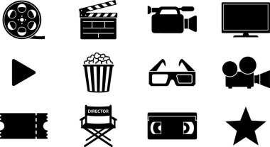 A collection of black and white vector icons representing various elements of movies, cinema, and entertainment, including film reels, clapperboards, cameras, popcorn, and 3D glasses.