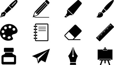 Kalemler, kalemler, keçeli kalemler, boya fırçaları, paletler, defterler, silgi, cetveller, mürekkep şişeleri, kağıt uçaklar, uçaklar, uçaklar ve şövalyeler de dahil olmak üzere çeşitli sanat ve kırtasiye malzemelerini temsil eden siyah ve beyaz simgelerden oluşan bir koleksiyon..