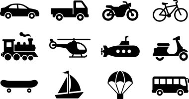 A set of twelve black silhouette icons representing various modes of transportation, including cars, trucks, motorcycles, bicycles, trains, helicopters, submarines, scooters, skateboards, sailboats, parachutes, and buses, all on a clean white backgro