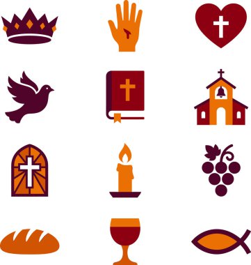 Taç, stigmata, haçlı kalp, güvercin, İncil, kilise, vitray pencere, mum, üzüm, ekmek, kadeh ve balık da dahil olmak üzere Hristiyanlığın çeşitli sembollerini temsil eden düz dizayn simgelerinden oluşan bir koleksiyon..