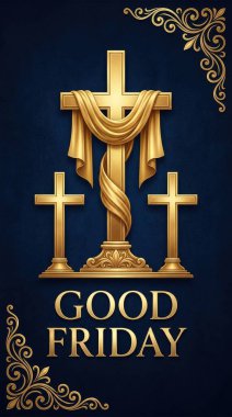 Kumaşla kaplanmış merkezi haçla birlikte zarif altın süslemeli arka planda duran üç altın haçın yer aldığı kutsal bir Kutsal Cuma resmi. İyi Cuma metni şişede belirgin bir şekilde altın renginde sergilenmektedir.