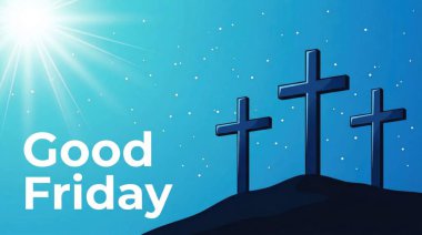 Kutsal Cuma için kutsal bir illüstrasyon. Tepenin üzerinde üç siluetli haç var. Işıl ışıl parlayan güneşli mavi gökyüzüne karşı..