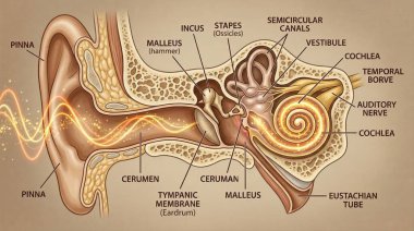 İnsan kulağının iç ve dış yapısını gösteren karmaşık bir illüstrasyon, her anatomik bileşen için etiketler ve kulak kanalına giren ses dalgalarının görsel temsili.