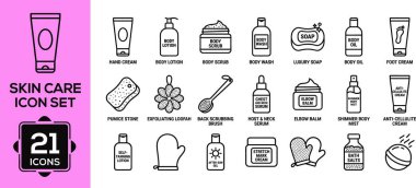 This icon set features 21 hand-drawn illustrations of common skincare and hygiene products, perfect for beauty blogs, wellness apps, and cosmetic branding.